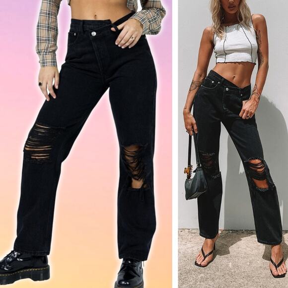 Princess Polly Pants - PRINCESS POLLY Holly Asymmetric Ripped Straight Leg Jeans Sz 0